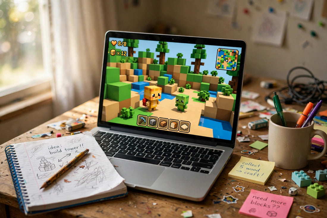 A kid bedroom desk photographed like a casual smartphone snapshot, laptop open on a blocky game, no faces