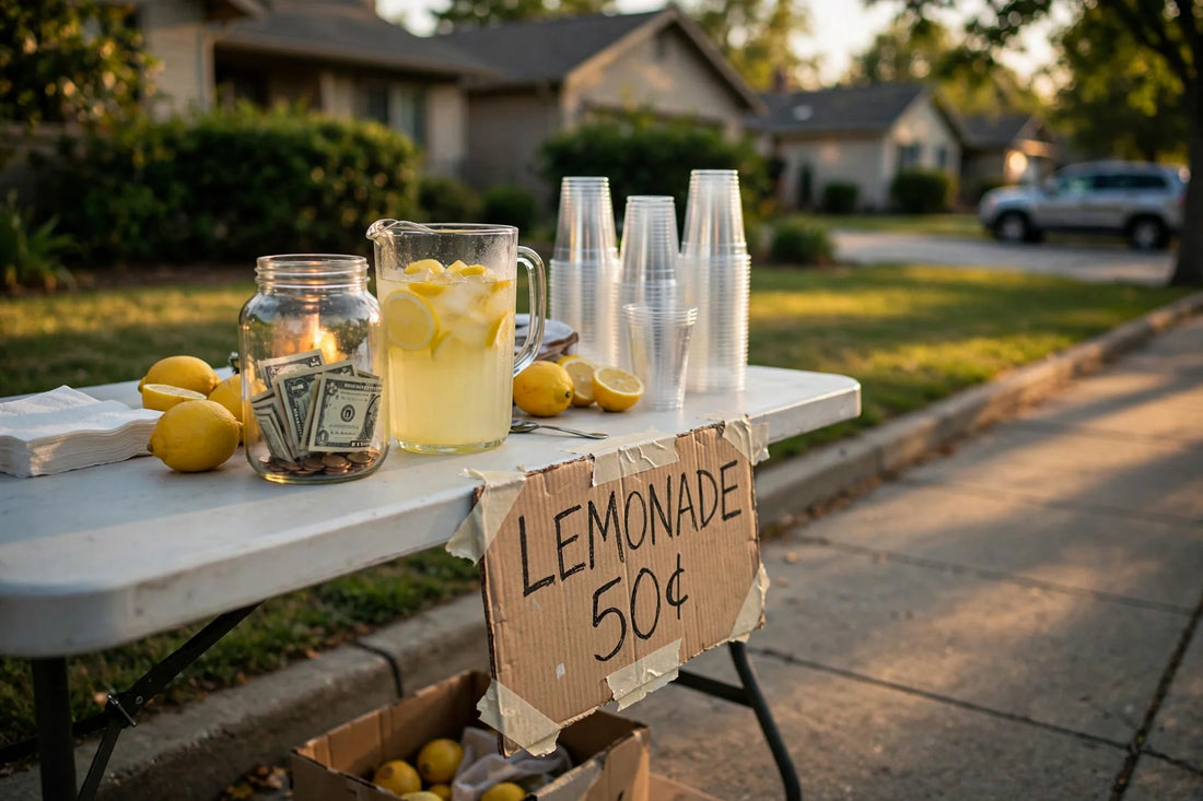 A neighborhood lemonade stand on a suburban sidewalk in late-afternoon light: hand-painted LEMONADE 50-cent sign, pitcher of lemonade, and a glass tip jar with dollar bills. No people visible.