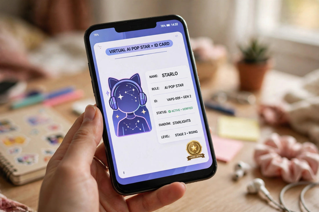 Hand holding a smartphone showing a stylized virtual AI pop star ID card with an illustrated avatar and official badge