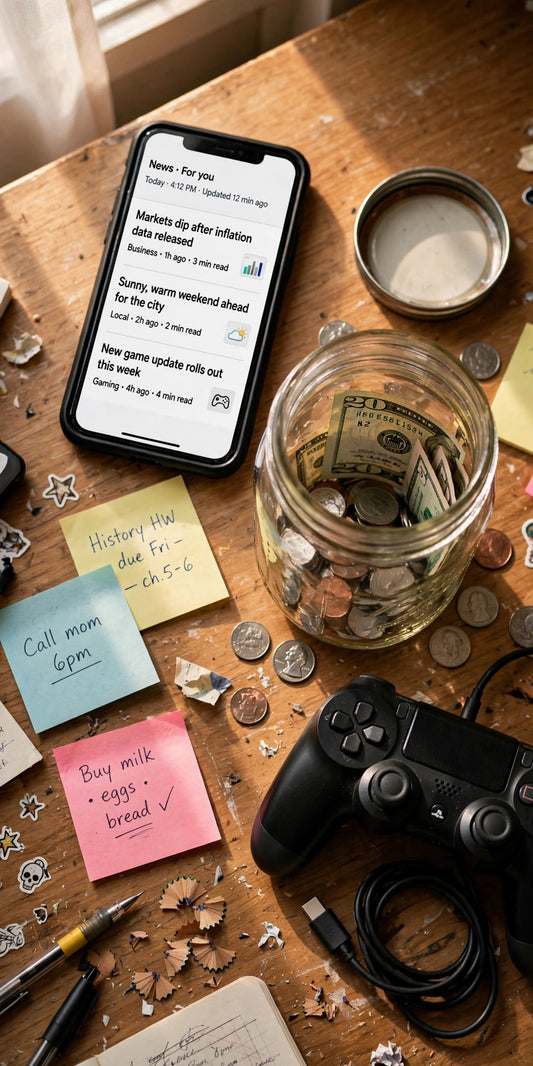 Phone showing news headlines next to a jar of cash and a game controller on a wooden desk
