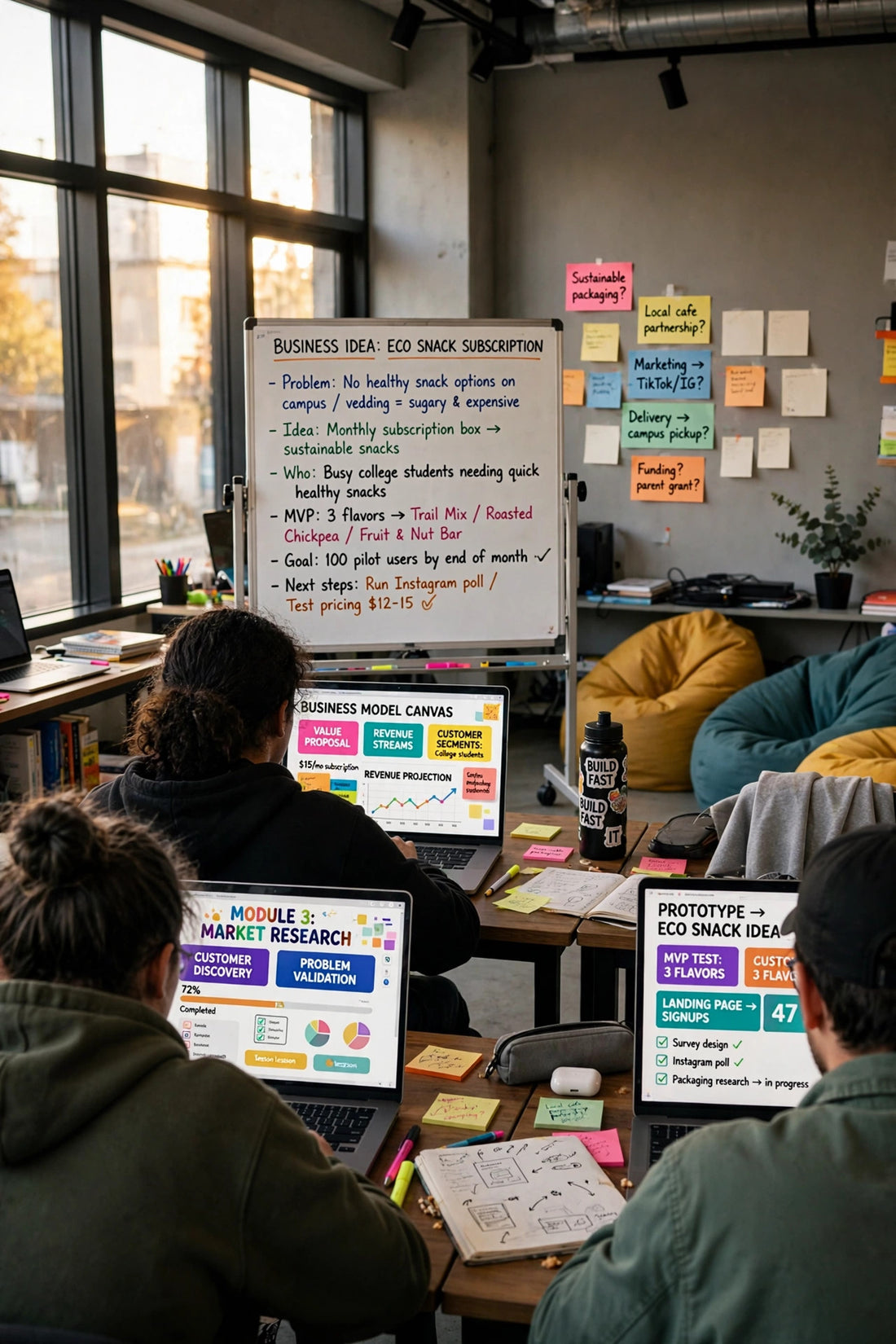 A startup-style classroom: students at laptops working on a business plan, whiteboard with a business idea, bean bag chairs, sticky notes