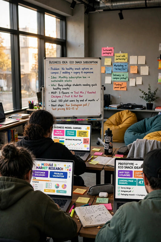 A startup-style classroom: students at laptops working on a business plan, whiteboard with a business idea, bean bag chairs, sticky notes