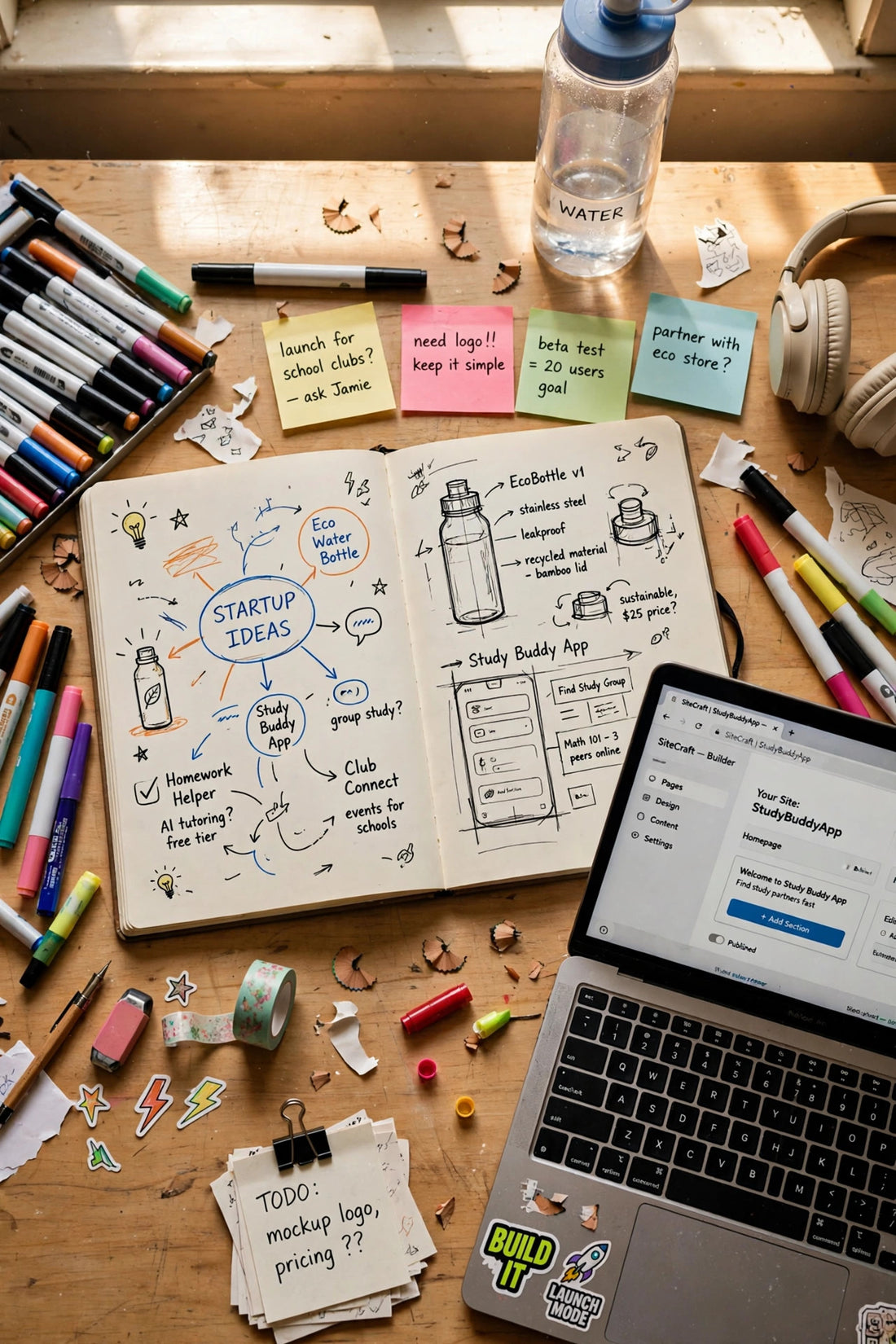 A teenager’s desk covered in startup sketches, sticky notes with business ideas, and a laptop showing a website builder