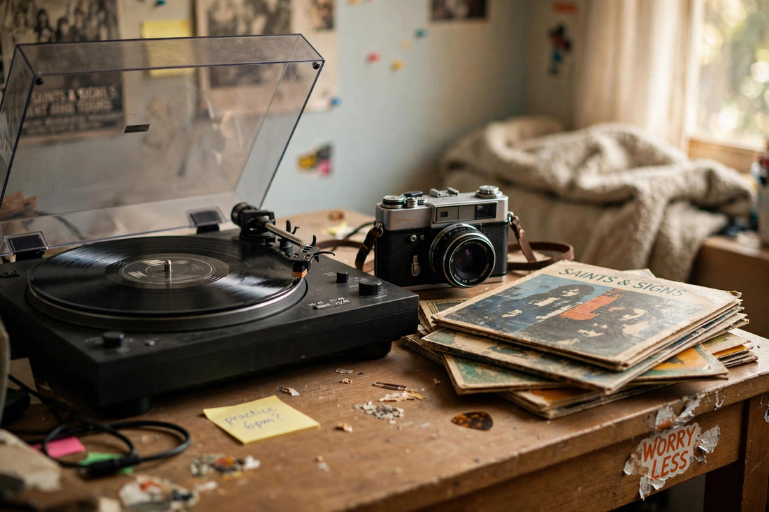 A vinyl record player and a vintage film camera on a teenager's bedroom desk in warm natural daylight, candid smartphone-photo style