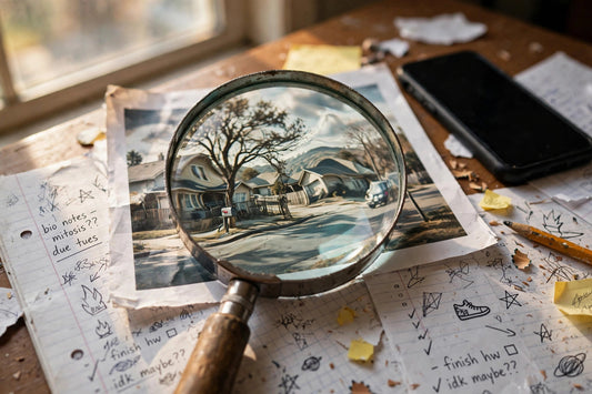 A magnifying glass held over a printed photo on a teenager's desk, next to a phone and school notebook doodles — inspecting an image for signs it's AI-generated