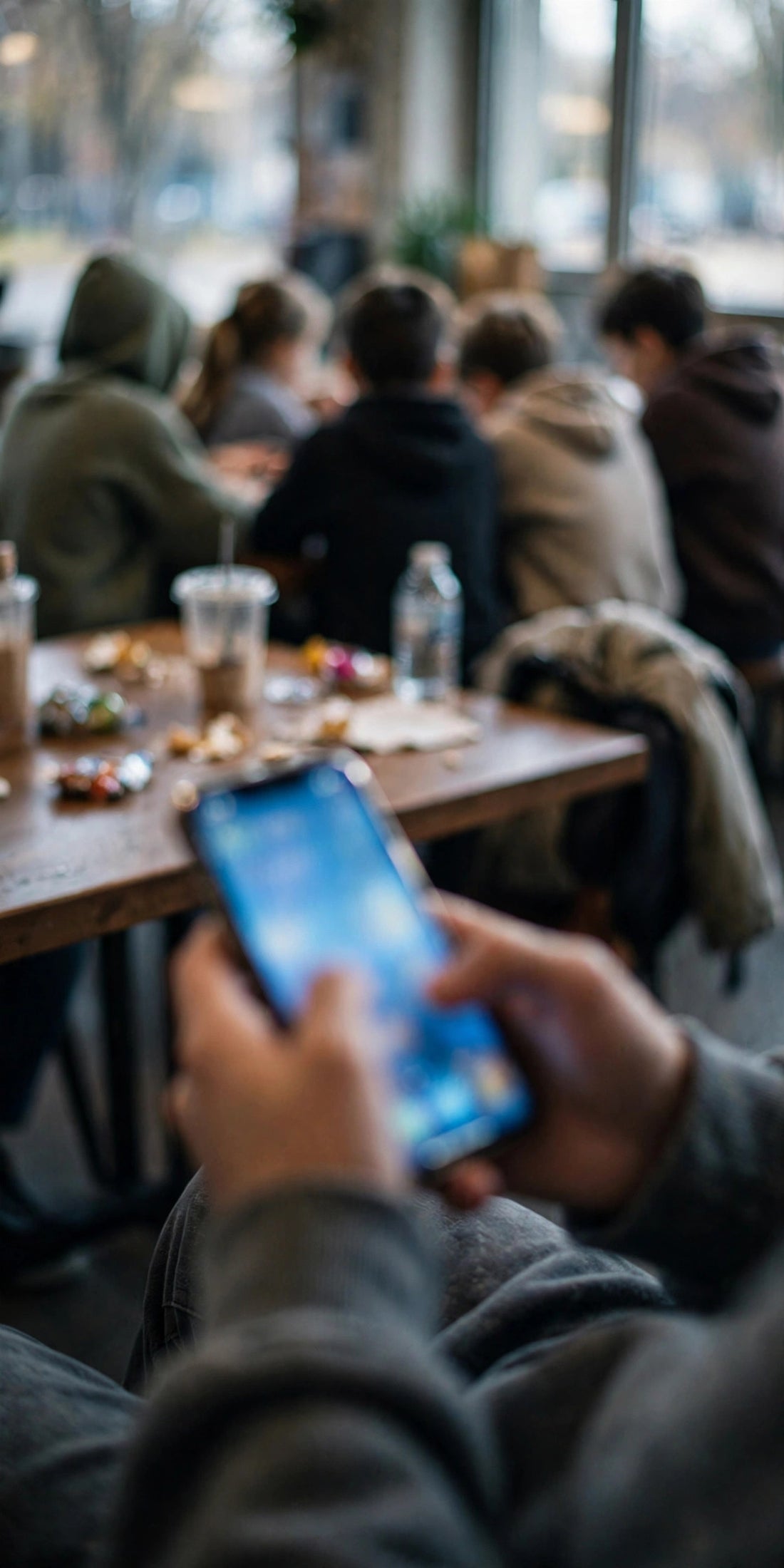 A teenager's hands holding a glowing phone, with friends blurred together at a table in the background