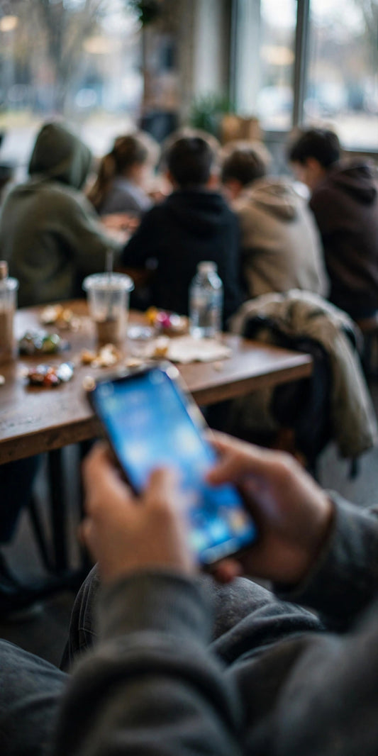A teenager's hands holding a glowing phone, with friends blurred together at a table in the background