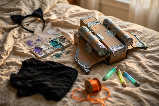 Candid smartphone photo of DIY Halloween costume materials spread on a bed: cat-ear headband, face-paint palette, cardboard jetpack, glow sticks and a black t-shirt
