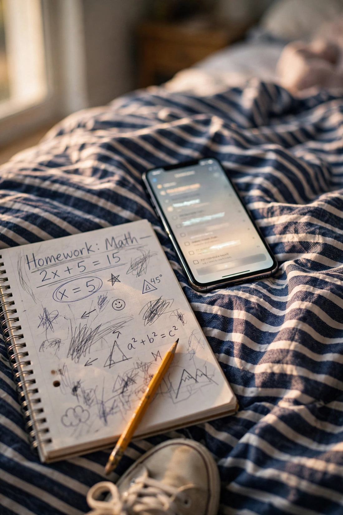 A smartphone with a chat app open lies on a striped bedspread next to a math notebook with doodles and a pencil, in warm afternoon window light