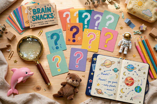 A kid's desk styled as brain snacks: question-mark cards, a magnifying glass, toy animals, and planet doodles.