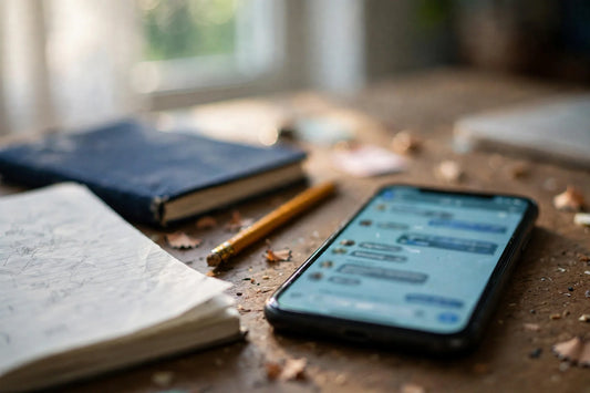 Phone on a teenager desk glowing with an AI chat conversation