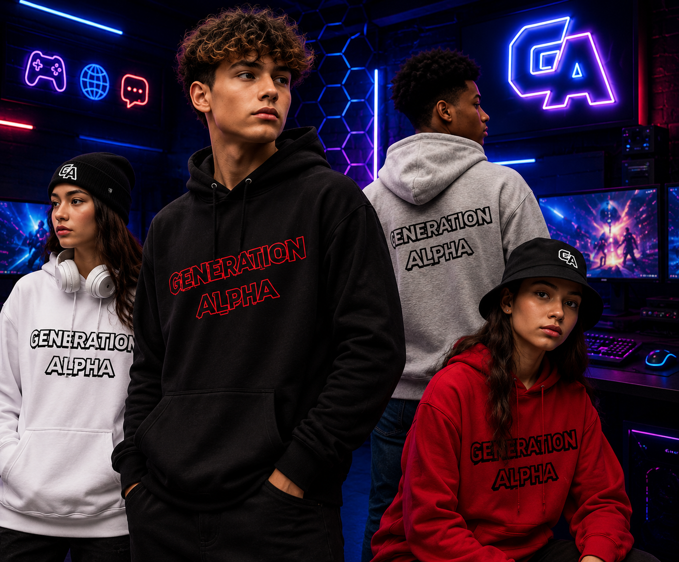 Generation Alpha hoodies in black, white, gray and red with gaming-inspired Gen Alpha designs