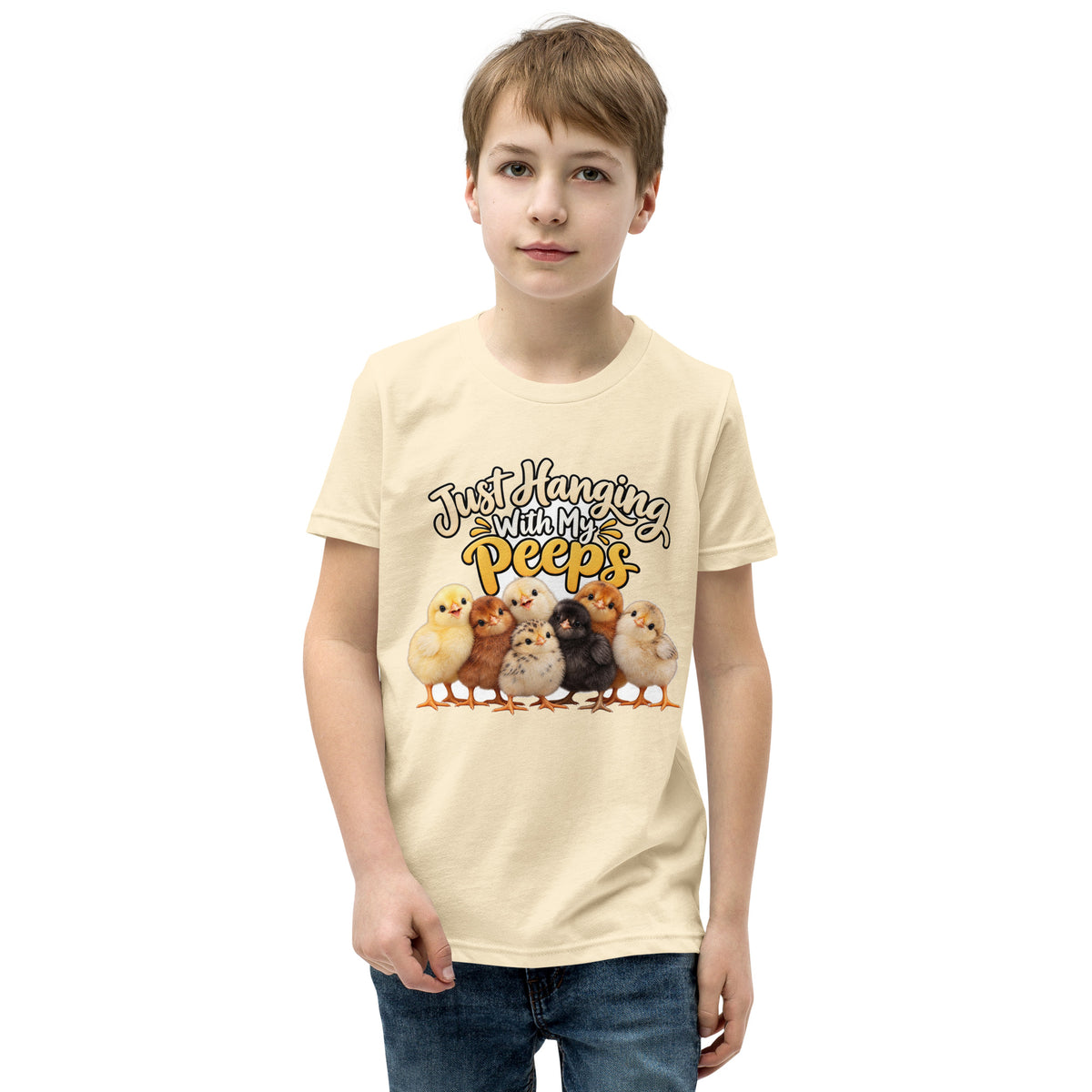 Youth t-shirt mockup — seven baby chicks under the words 'Just Hanging With My Peeps'