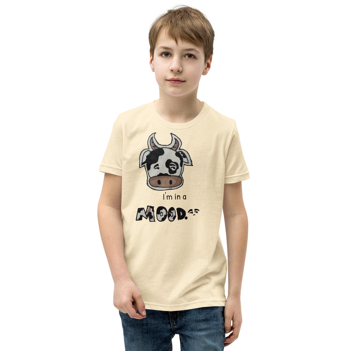 Youth t-shirt mockup — a hand-drawn cow giving side-eye under the words 'I'm in a MOOD'