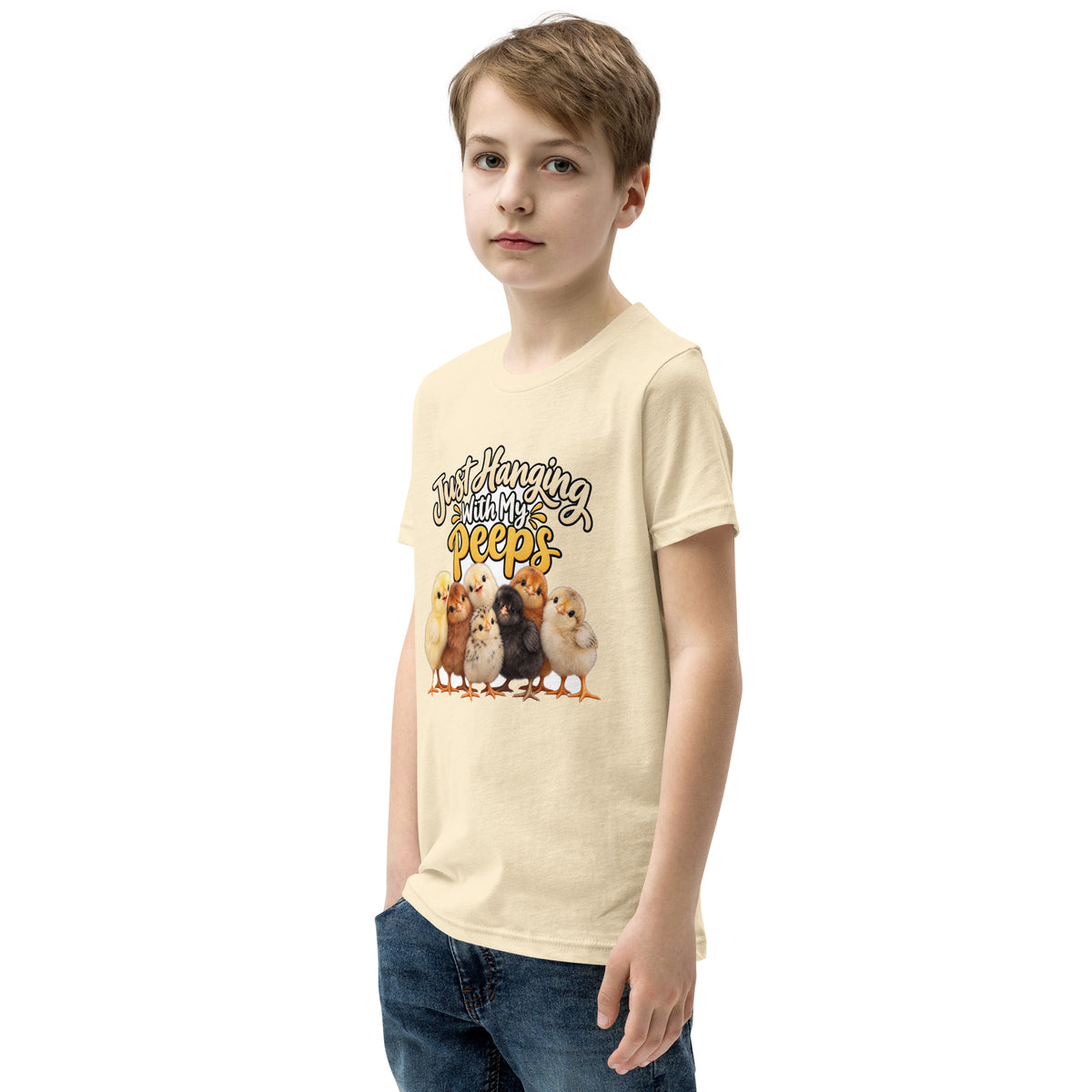 Youth t-shirt mockup — seven baby chicks under the words 'Just Hanging With My Peeps'