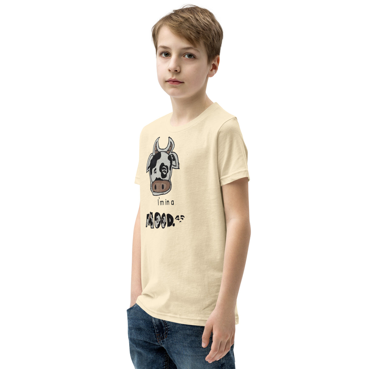 Youth t-shirt mockup — a hand-drawn cow giving side-eye under the words 'I'm in a MOOD'