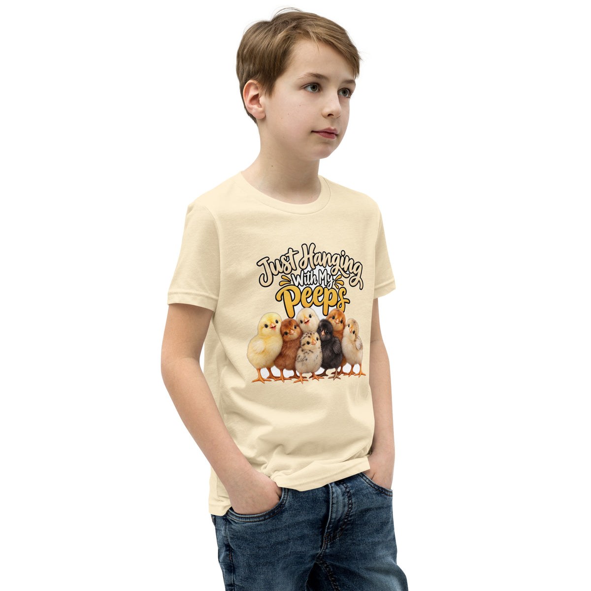 Youth t-shirt mockup — seven baby chicks under the words 'Just Hanging With My Peeps'
