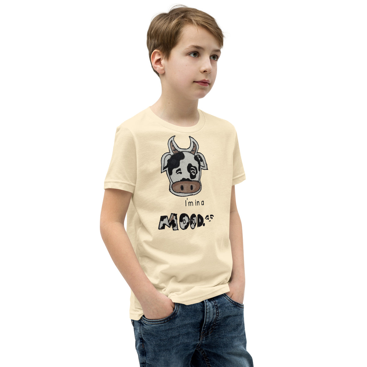 Youth t-shirt mockup — a hand-drawn cow giving side-eye under the words 'I'm in a MOOD'