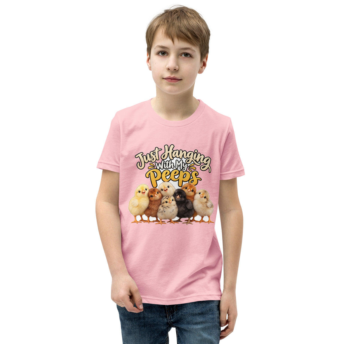 Youth t-shirt mockup — seven baby chicks under the words 'Just Hanging With My Peeps'