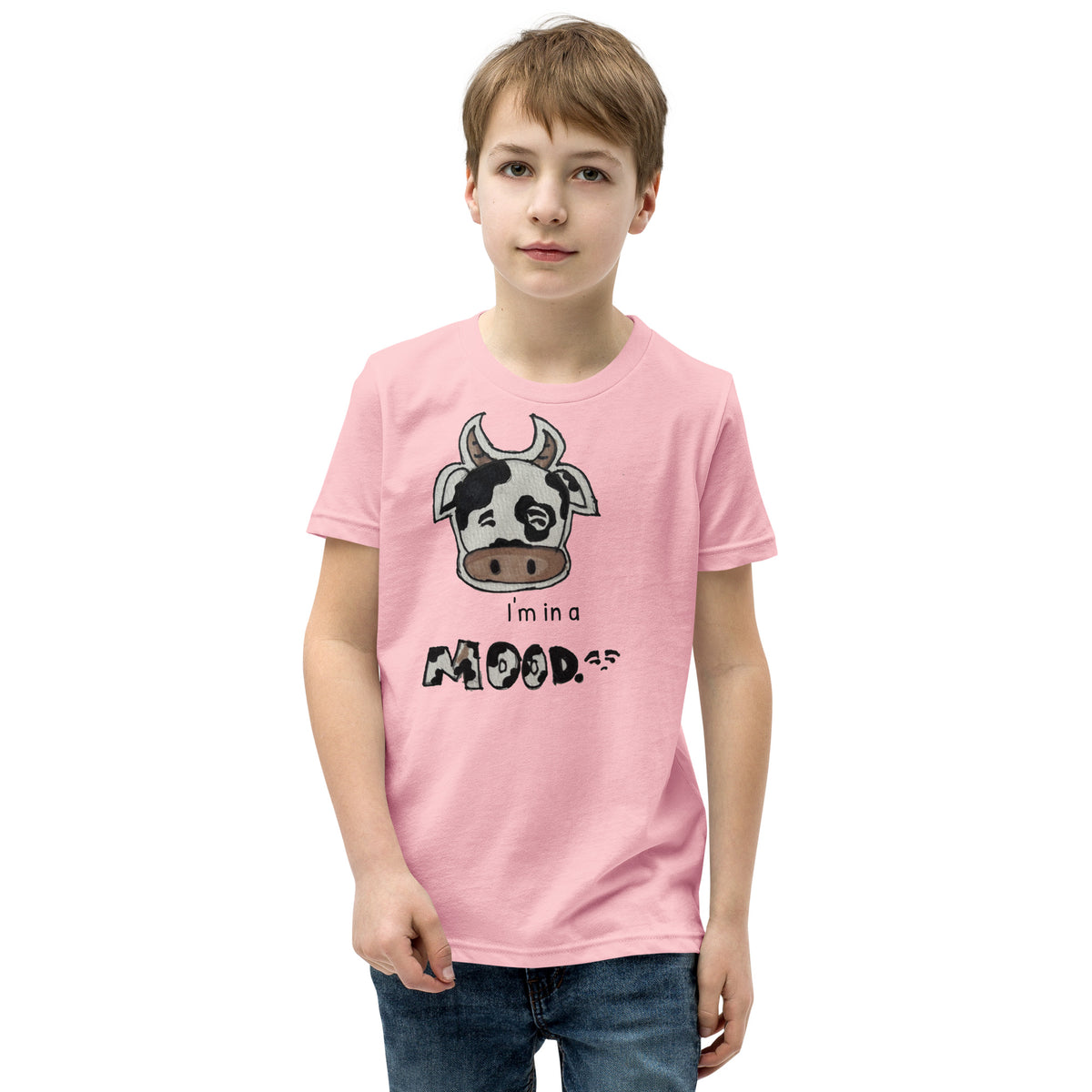 Youth t-shirt mockup — a hand-drawn cow giving side-eye under the words 'I'm in a MOOD'