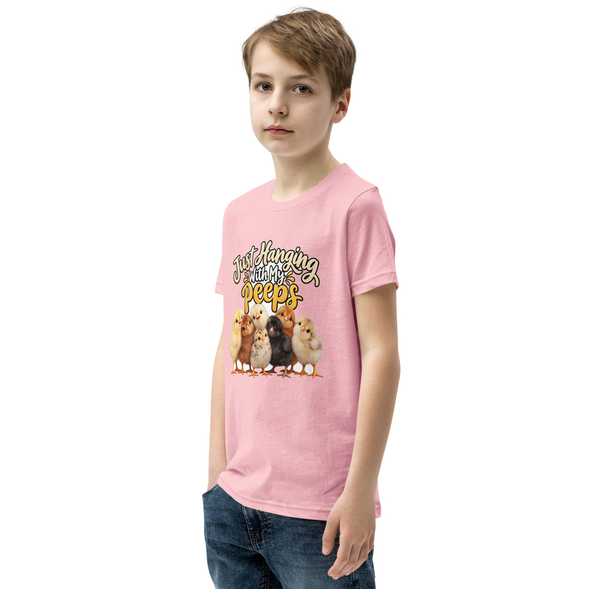 Youth t-shirt mockup — seven baby chicks under the words 'Just Hanging With My Peeps'