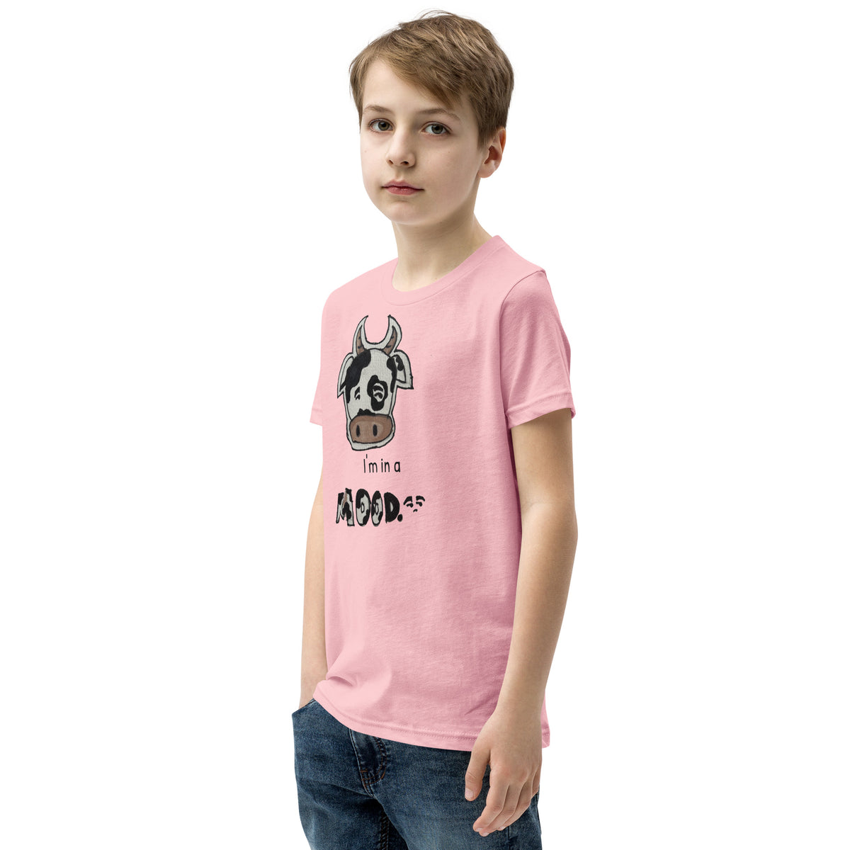 Youth t-shirt mockup — a hand-drawn cow giving side-eye under the words 'I'm in a MOOD'