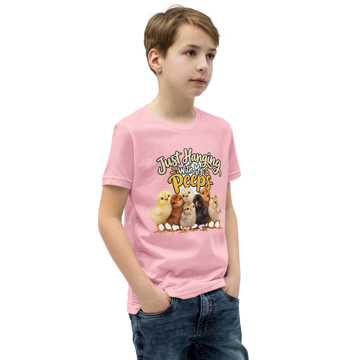 Youth t-shirt mockup — seven baby chicks under the words 'Just Hanging With My Peeps'