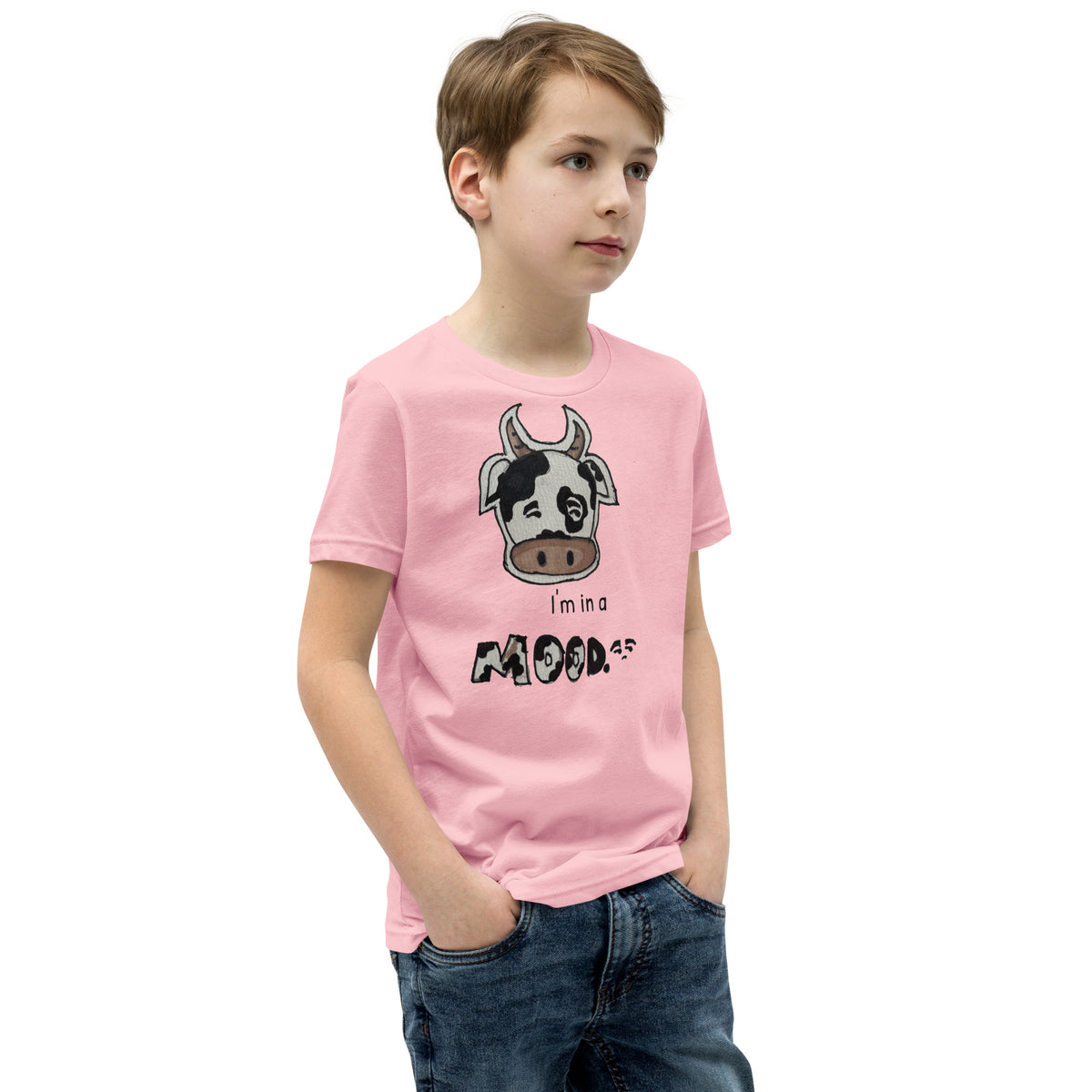 Youth t-shirt mockup — a hand-drawn cow giving side-eye under the words 'I'm in a MOOD'