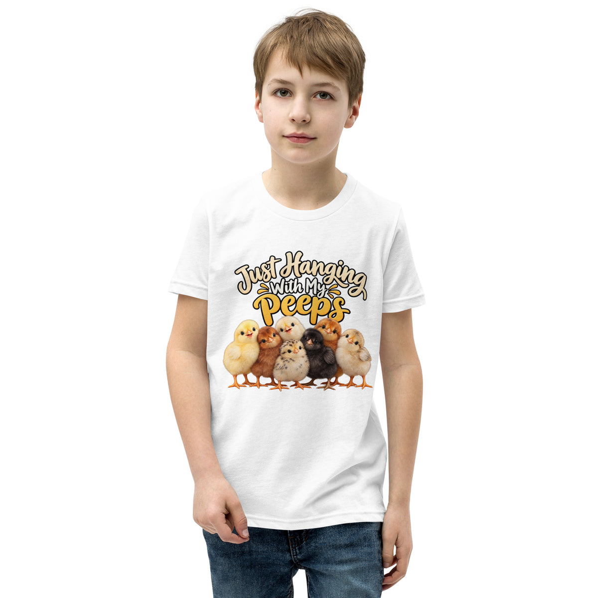 Youth t-shirt mockup — seven baby chicks under the words 'Just Hanging With My Peeps'