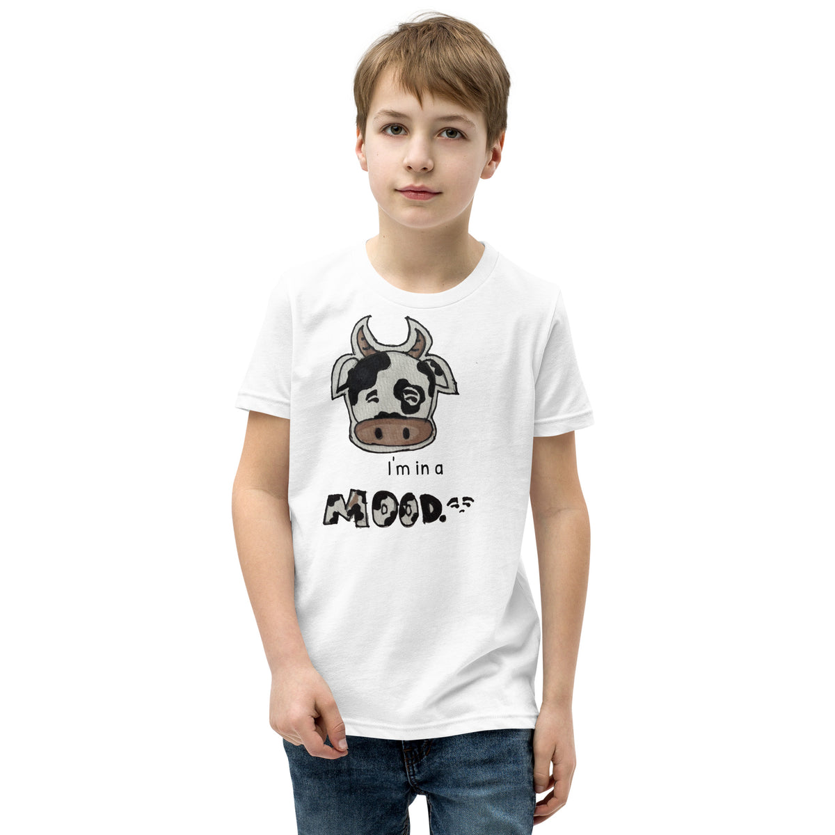 Youth t-shirt mockup — a hand-drawn cow giving side-eye under the words 'I'm in a MOOD'
