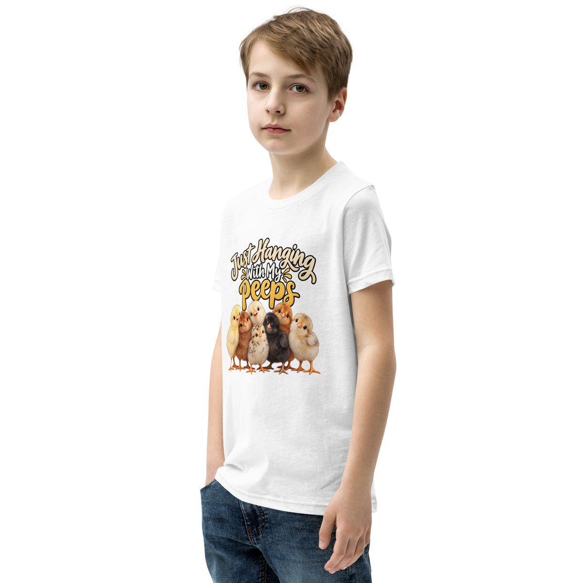 Youth t-shirt mockup — seven baby chicks under the words 'Just Hanging With My Peeps'