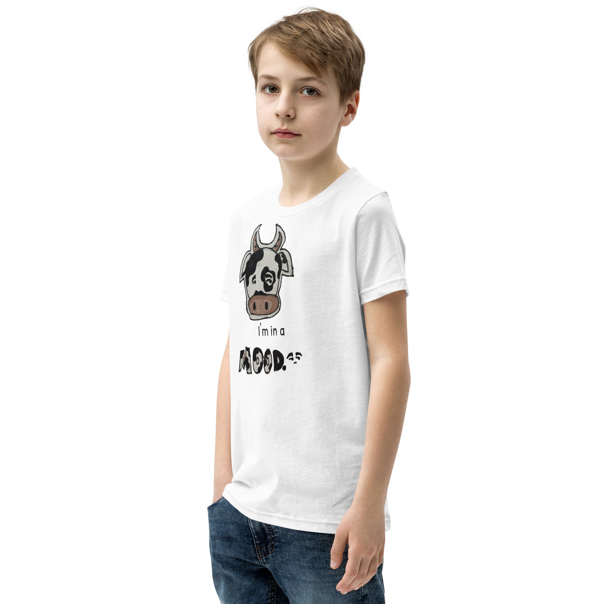 Youth t-shirt mockup — a hand-drawn cow giving side-eye under the words 'I'm in a MOOD'