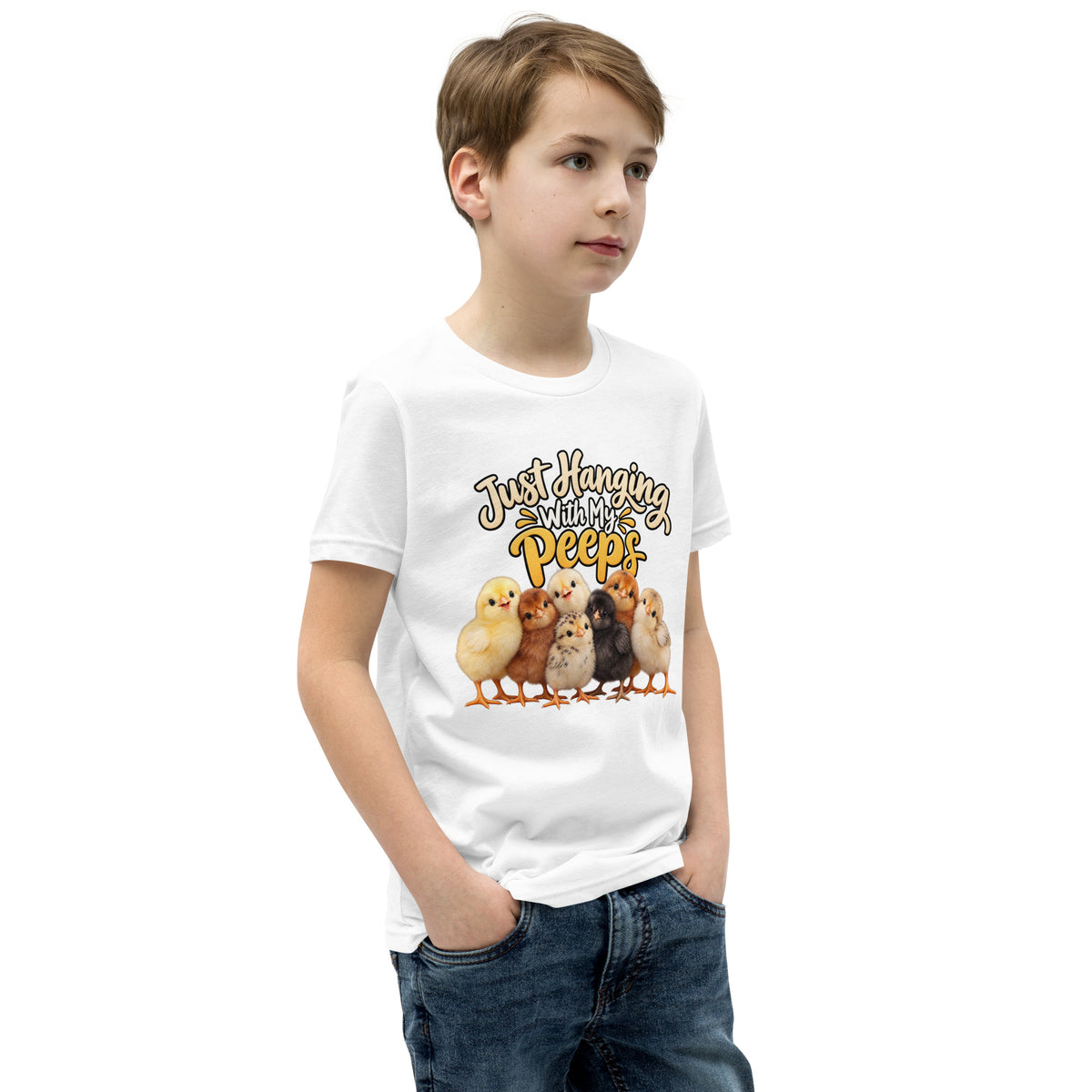 Youth t-shirt mockup — seven baby chicks under the words 'Just Hanging With My Peeps'