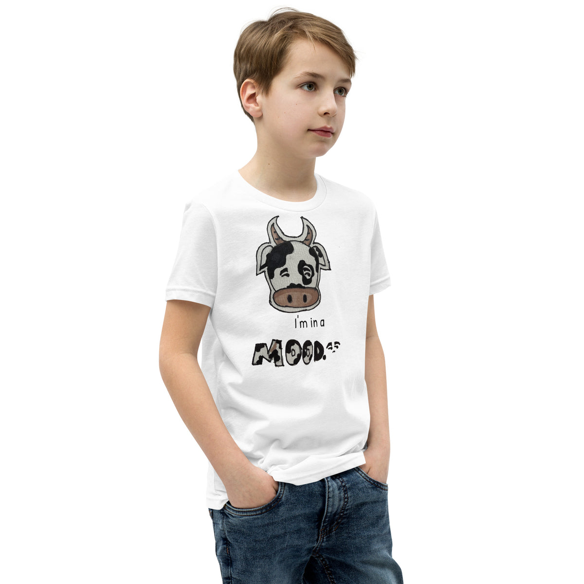 Youth t-shirt mockup — a hand-drawn cow giving side-eye under the words 'I'm in a MOOD'